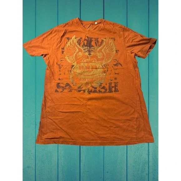 GUESS Mens T-Shirt Short Sleeve Round Neck L Orange Distressed Acid Wash Graphic - Picture 2 of 9